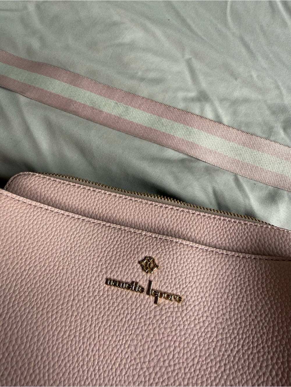 Nanette Lepore Blush Pink Pebbled Leather Crossbody with Striped Strap - Picture 5 of 5